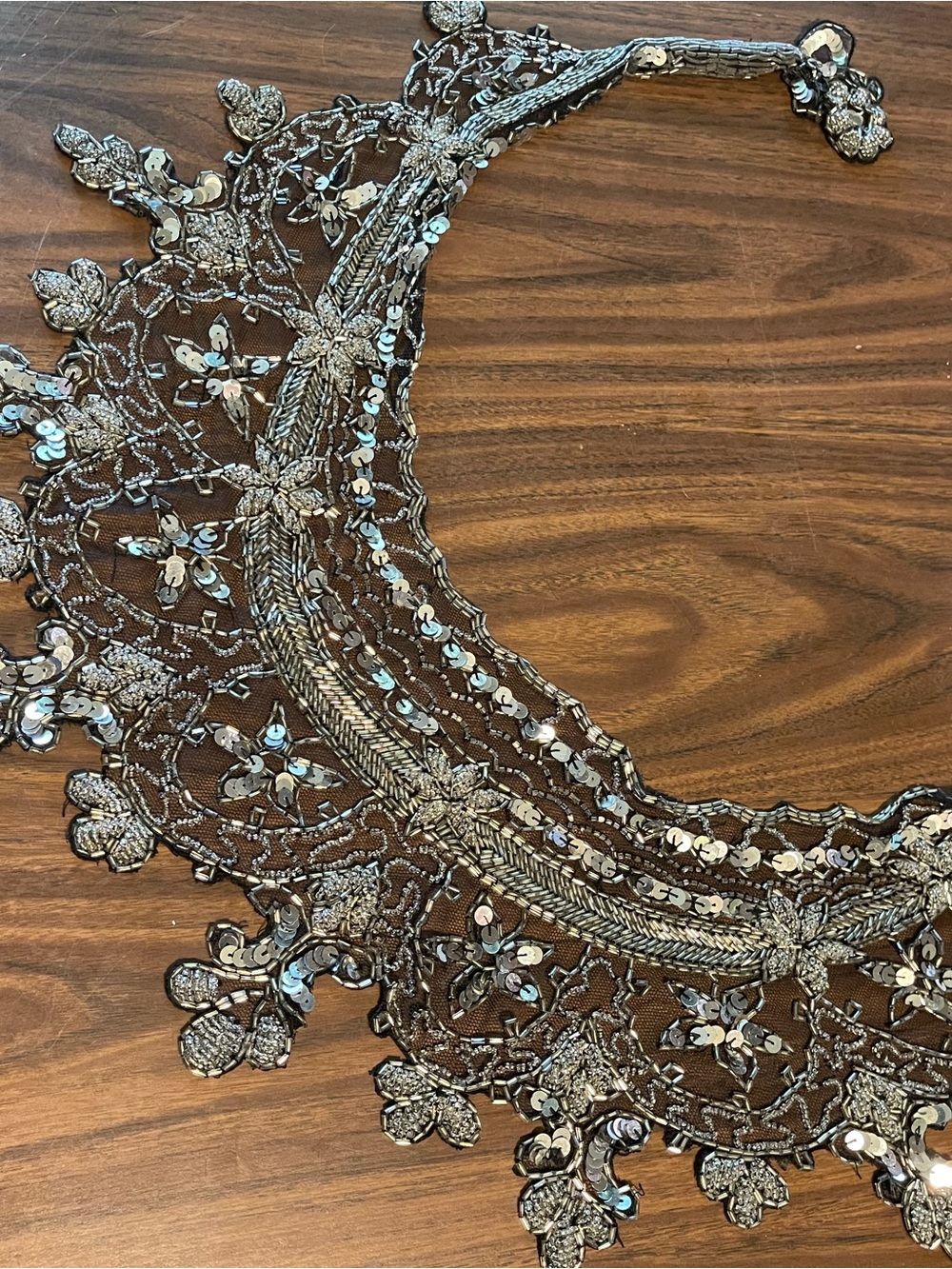 Vintage Silver & Black Sequin Lace Appliqué Necklace Collar capelet